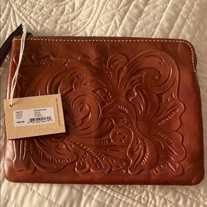 Patricia Nash Cassini Florence Brown Embossed Leather Clutch Wristlet NWT